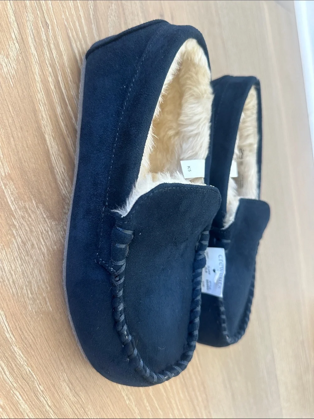 J.Crew kids Navy Suede Moccasin Slippers with Faux Fur Lining